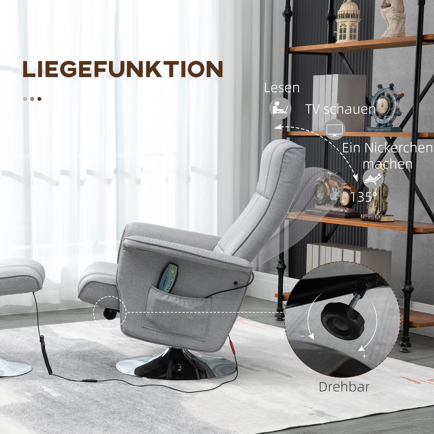 HOMCOM Massagesessel mit Hocker، neigbare Lehne، 78 × 95 × 88 سم، Hellgrau