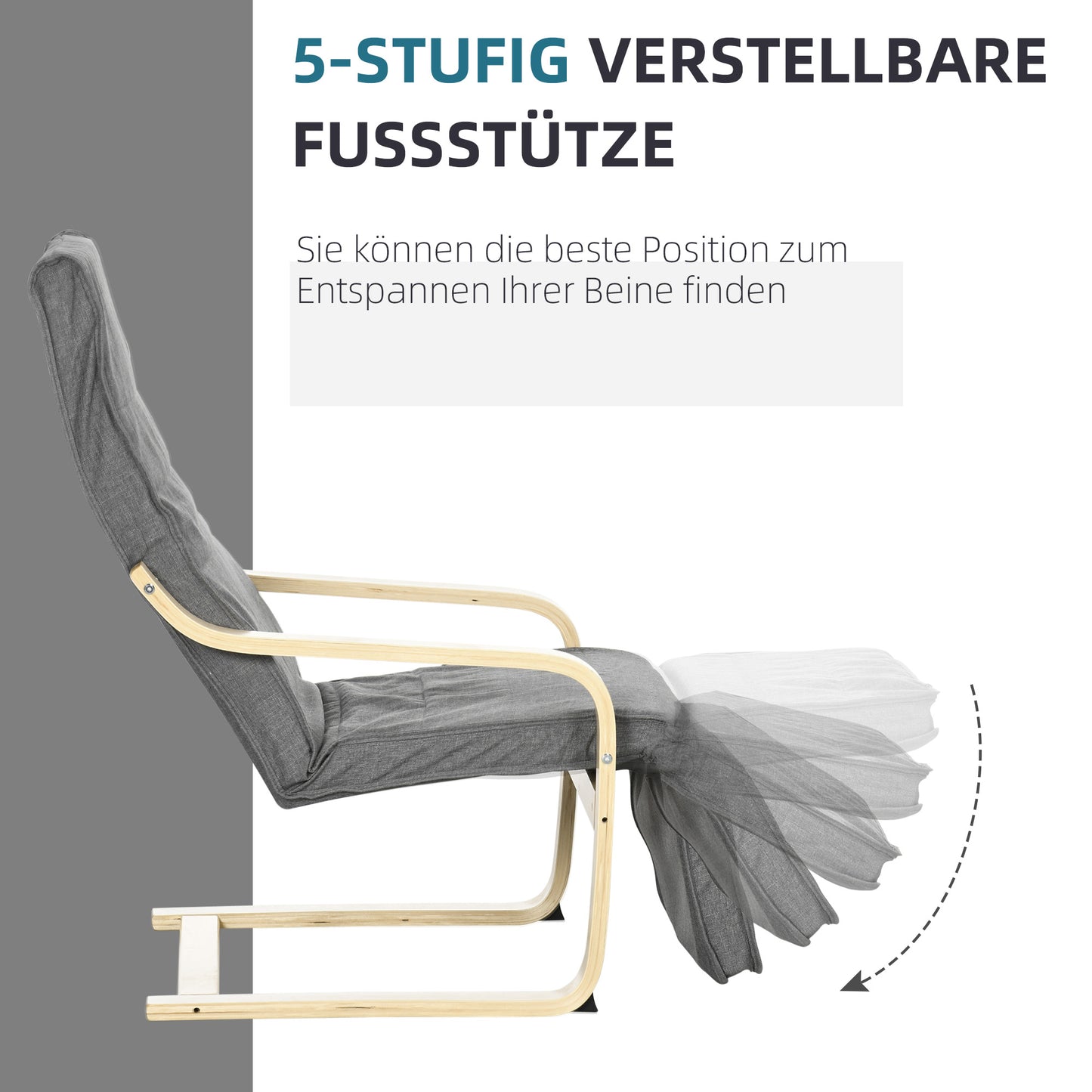 HOMCOM Akzentsessel, Relaxsessel mit verstellbarem Fußteil, Birkenholzrahmen, bis 120 kg, 66,5 x 94 x 100 cm, Grau