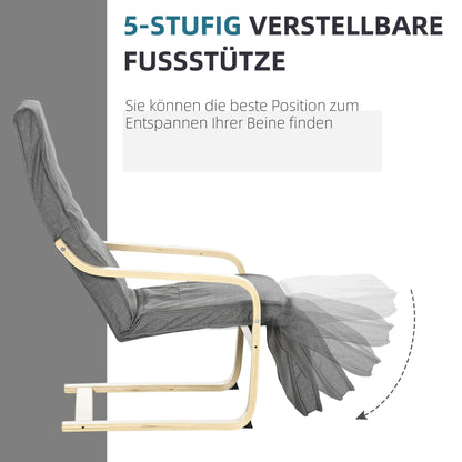 HOMCOM Akzentsessel, Relaxsessel mit verstellbarem Fußteil, Birkenholzrahmen, bis 120 kg, 66,5 x 94 x 100 cm, Grau