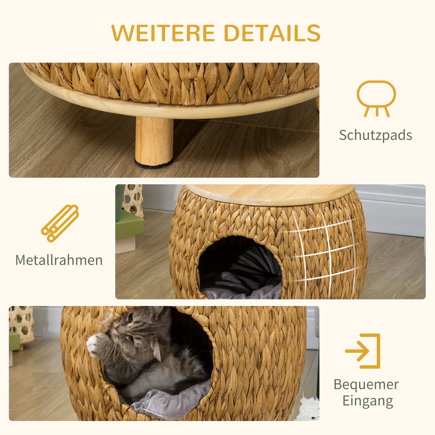 Pawhut Katzenhöhle aus Wasserhyazinthengras, waschbares Kissen, 44 cm x 43 cm x 42 cm Hellbraun+Naturholz+Grau