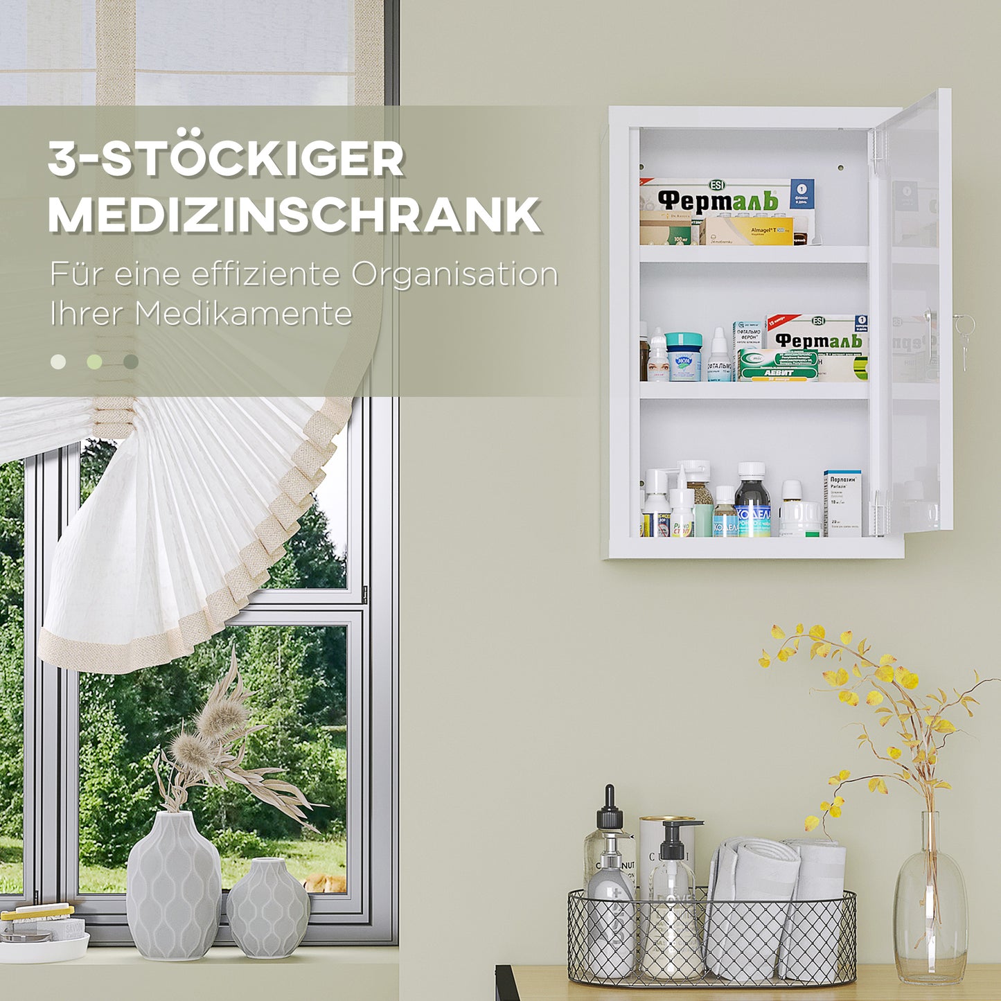 kleankin Medizinschrank, 3 Fächer, abschließbare Tür, stabiles Stahlgehäuse, weiß, 30 x 14 x 46 cm