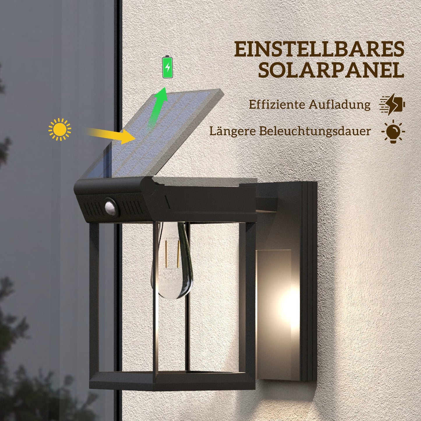 Outsunny Garten-Solarlicht Außenleuchte Solarlampe, wetterbeständig, Bewegungssensor, 14 cm x 24 cm x 24 cm, Schwarz
