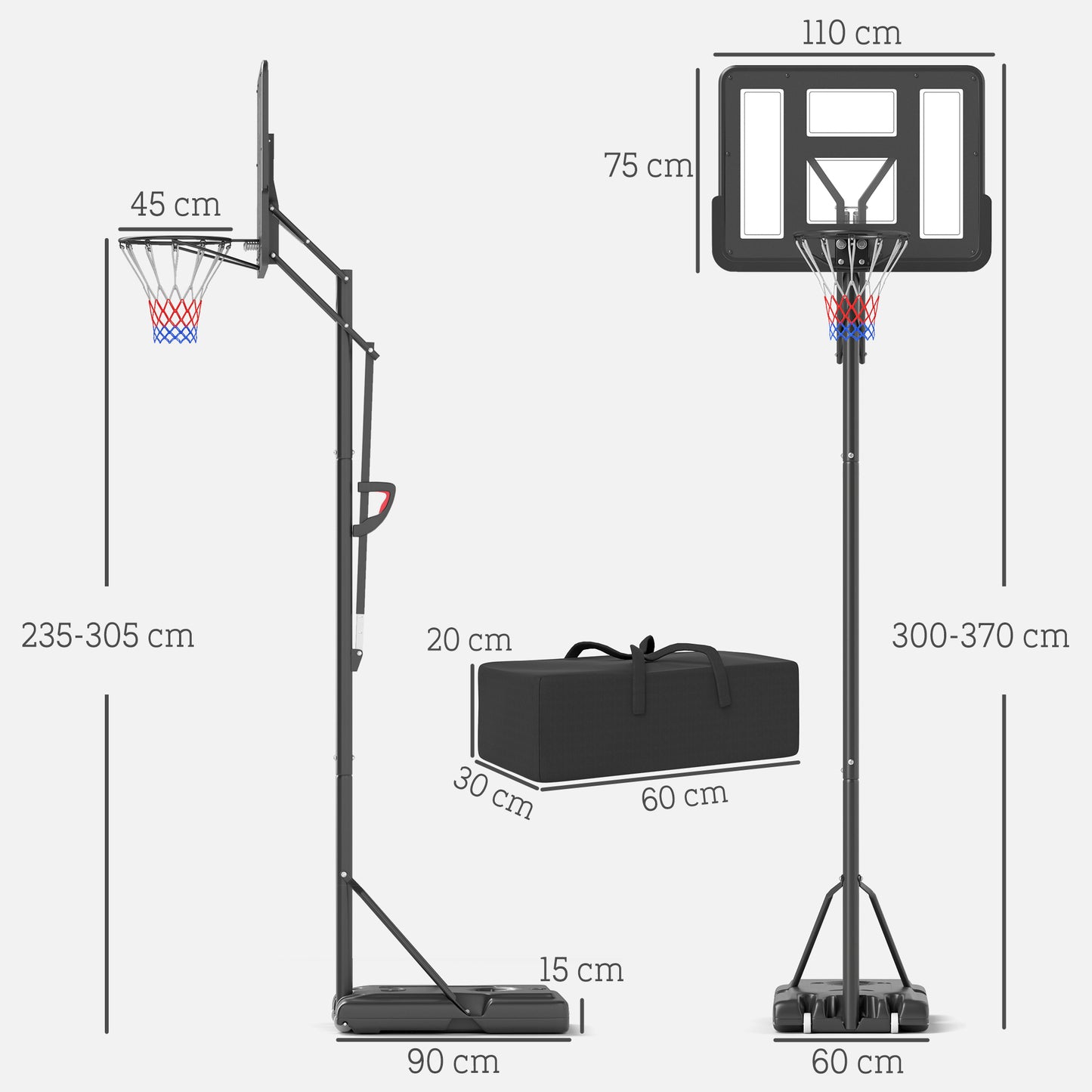 SPORTNOW Basketballständer, höhenverstellbare Korbhöhe 235-305 cm, befüllbare Basis mit Rädern, Schwarz