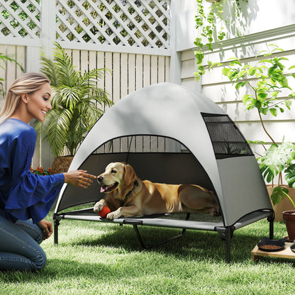 PawHut Hundeliege Outdoor mit Dach، Erhöhtes Hundebett für Große Hunde، 106 × 76 × 99 سم، Hellgrau