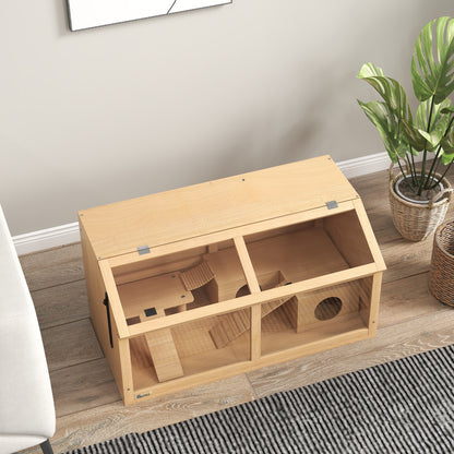 PawHut Hamsterkäfig für syrische Hamster und Zwerghamster, mit Plattform, Hängebrücke, Hütte, 85x45x44 cm