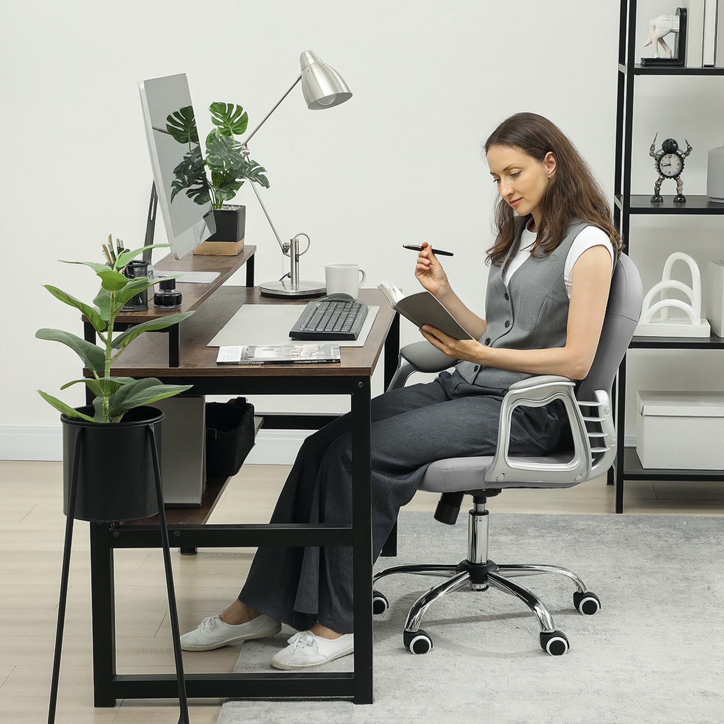Vinsetto Bürostuhl, Ergonomisch Schreibtischstuhl mit Armlehne, Gepolsterter Rückenlehne Hellgrau