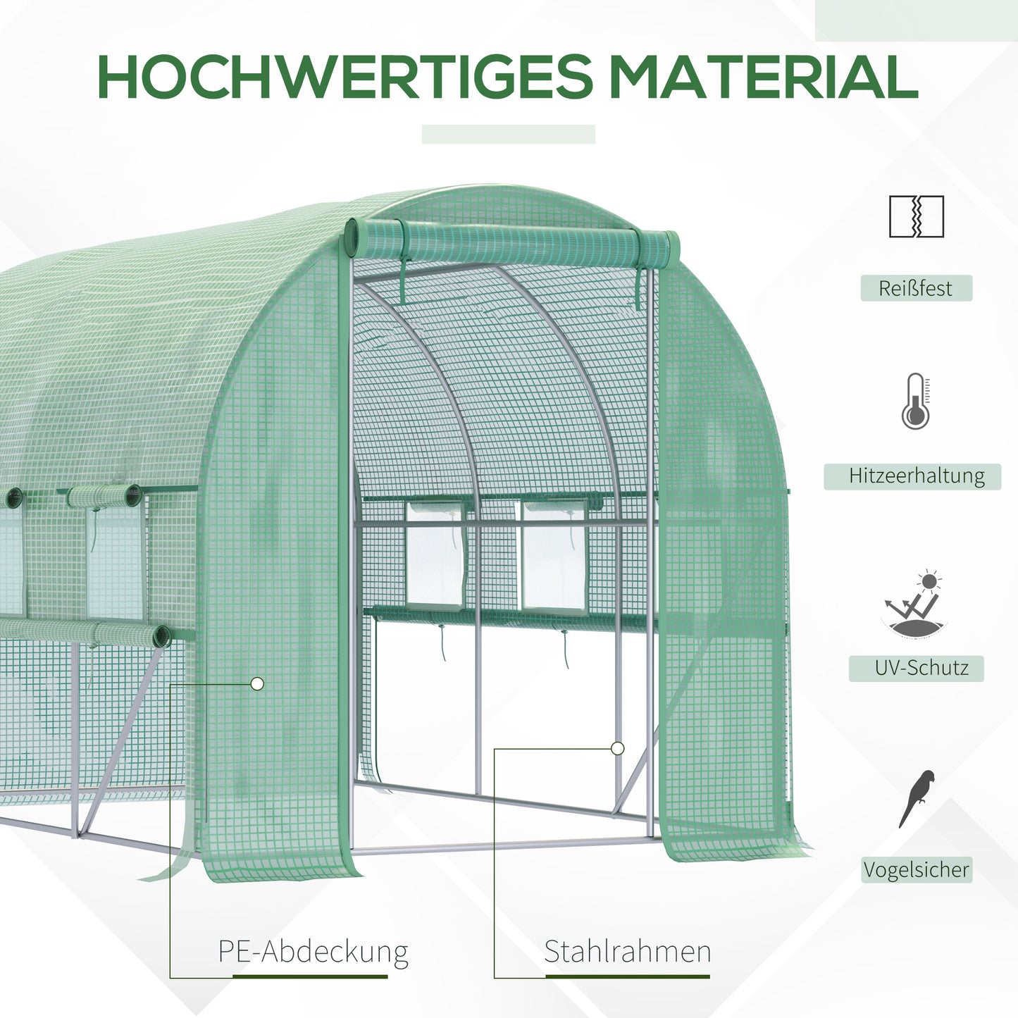 Outsunny Foliengewächshaus, 6 aufrollbare Fenster, Tür mit Reißverschluss, rostfreier Stahlrahmen, 2,95 x 2 x 2 m, Grün