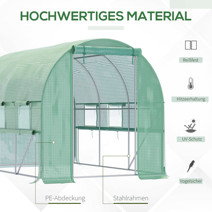 Outsunny Foliengewächshaus, 6 aufrollbare Fenster, Tür mit Reißverschluss, rostfreier Stahlrahmen, 2,95 x 2 x 2 m, Grün