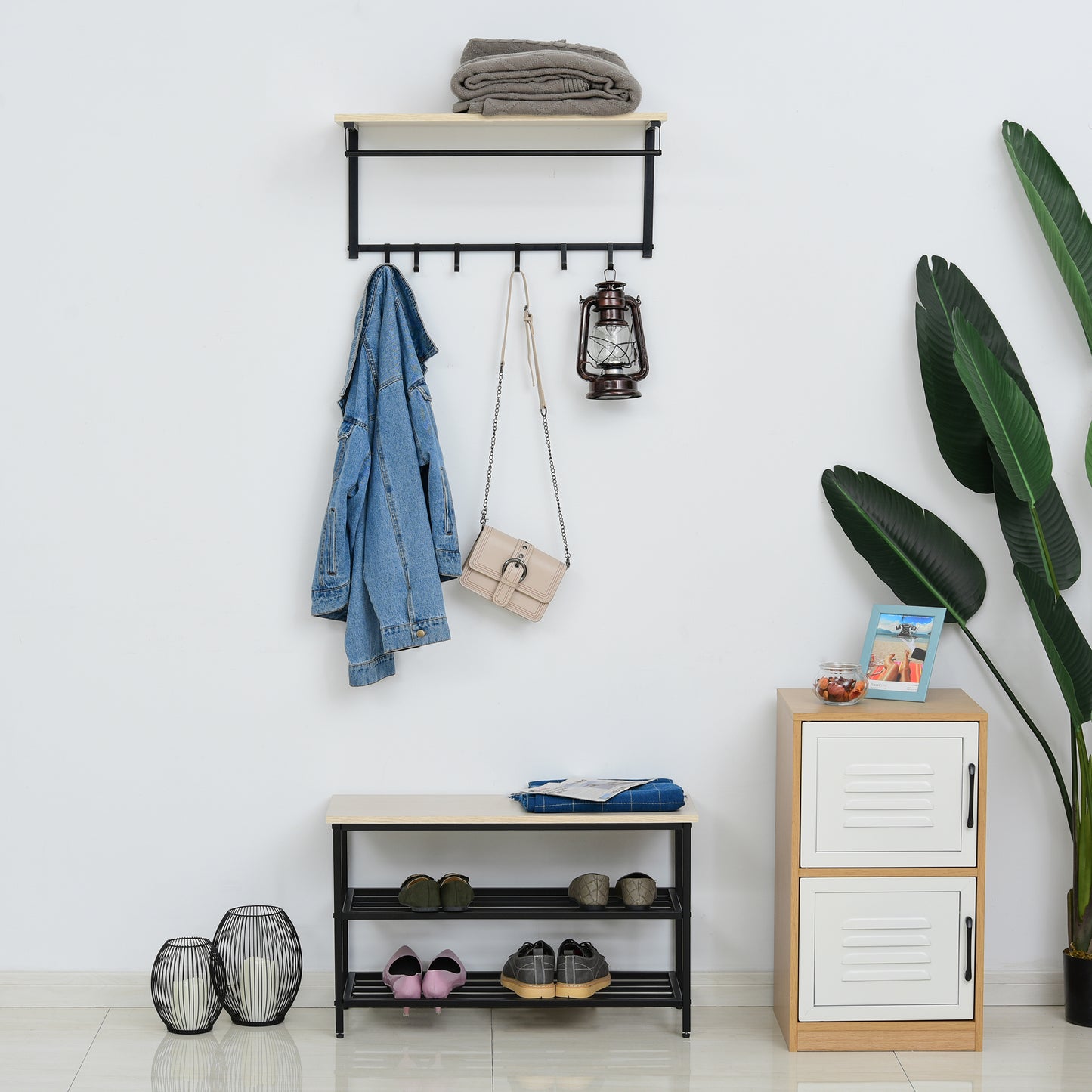 HOMCOM 2-in-1 Garderobenset Flurgaderobe mit Sitzbank Wandgarderobe für Eingangsbereich، 6 Haken، Natur+Schwarz، 75 × 30 × 45 سم (Sitzbank)