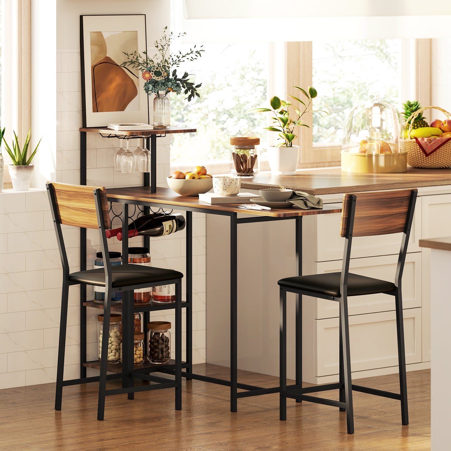 HOMCOM 3-teiliges Bartisch-Set, 1 Bartisch, 2 Stühle, mit Weinregal, Glashalter, Offene Regale, Fußstützen, Braun
