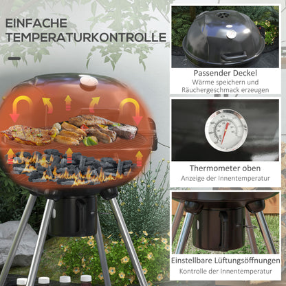 Outsunny Kugelgrill, Ø54 cm Grillrost, Warmhalterost, Ablage, Aschefach, Thermometer, 55 x 65 x 89 cm, Schwarz