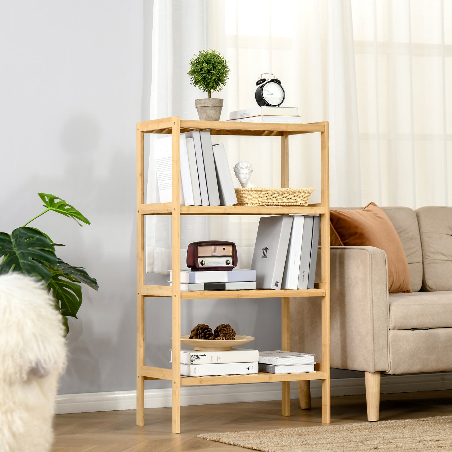 HOMCOM Standregal Bücherregal 4-stufiges Bambusregal Büroregal Lagerregal Aktenregal Küchenregal für Bad Küche Wohnzimmer Schlafzimmer Bambus Natur 62 x 33 x 112 cm