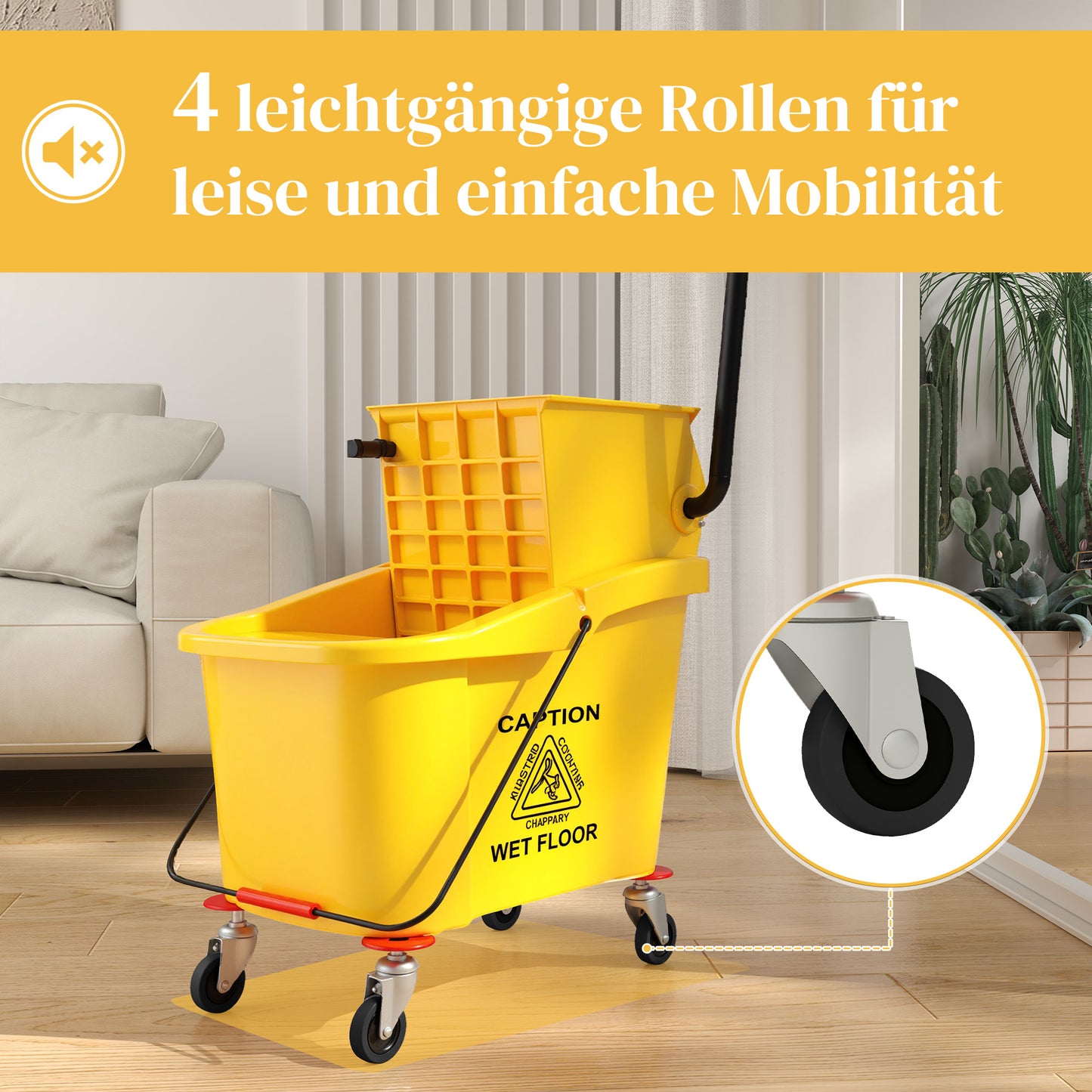 HOMCOM Wischeimer auf Rädern mit Mopp-Auswringer, Mopp-Halter, 36 Liter, Kunststoff, Gelb