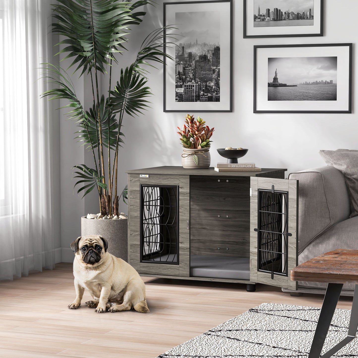 PawHut Hundebox mit Liegekissen, bis 20kg/50cm Körperlänge, Metall, 80x56x63cm, Grau/Holzdekor