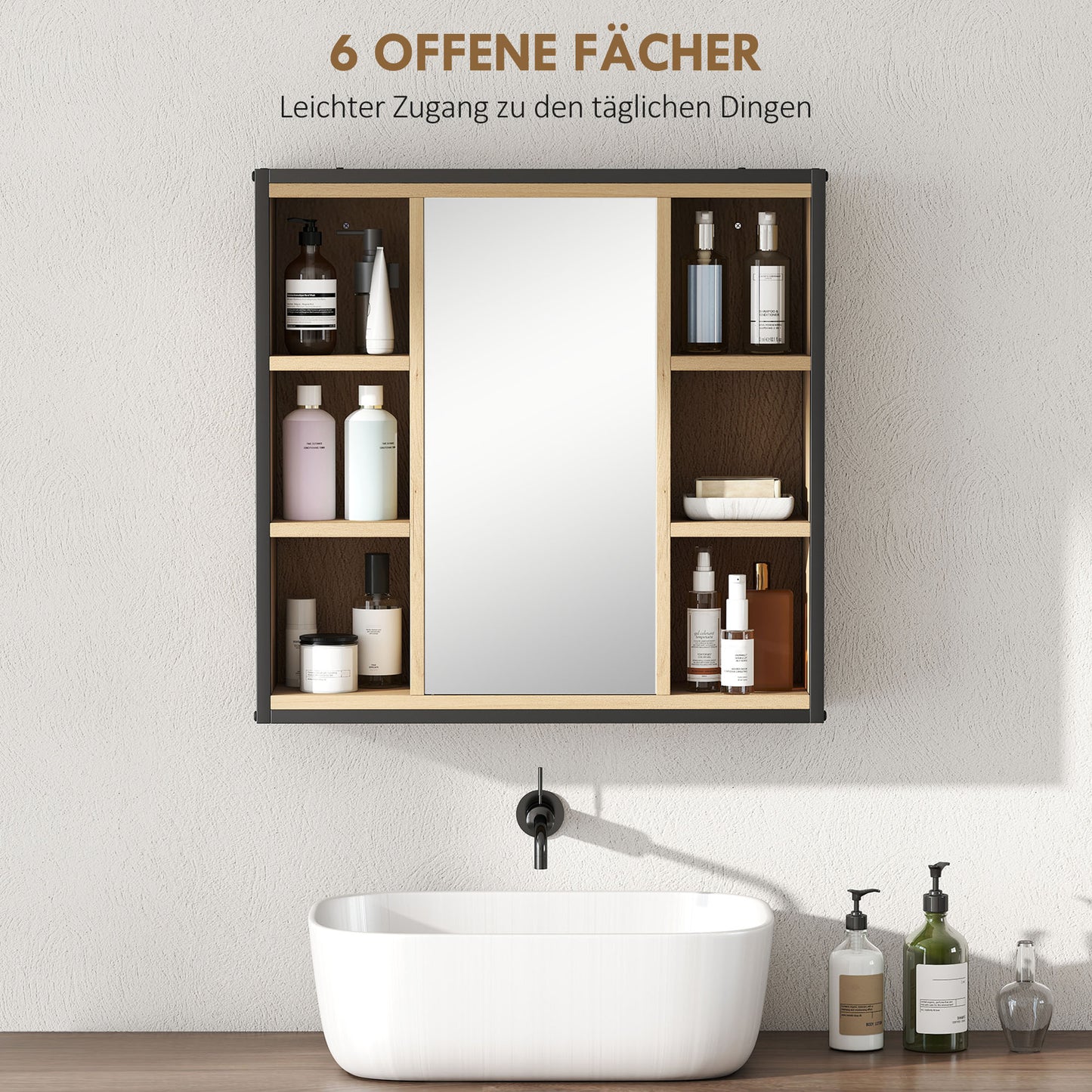 HOMCOM Badezimmer-Spiegelschrank, 6 offene Fächer, 3-stufiges Regal, Wandmontage, Eiche