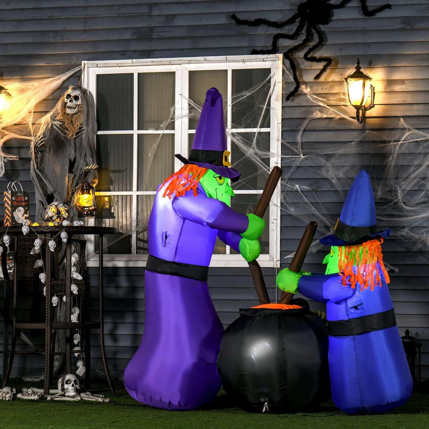 HOMCOM Aufblasbare Hexen Hexenkessel Figur Luftfigur Halloween Deko mit LED Beleuchtung, Polyester, 170x60x180cm