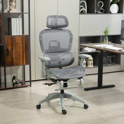 HOMCOM Bürostuhl، Ergonomischer Schreibtischstuhl mit Netzstoffbezug، verstellbar، rollbar، mit Armlehnen، Kopfstütze، Grau