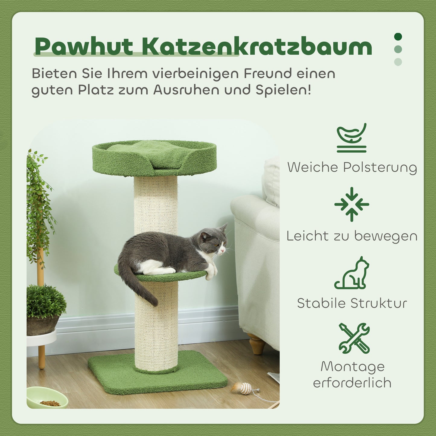 PawHut Katzenbaum 91cm Spielbaum mit Katzenbett, Plattform Lammwolle Grün