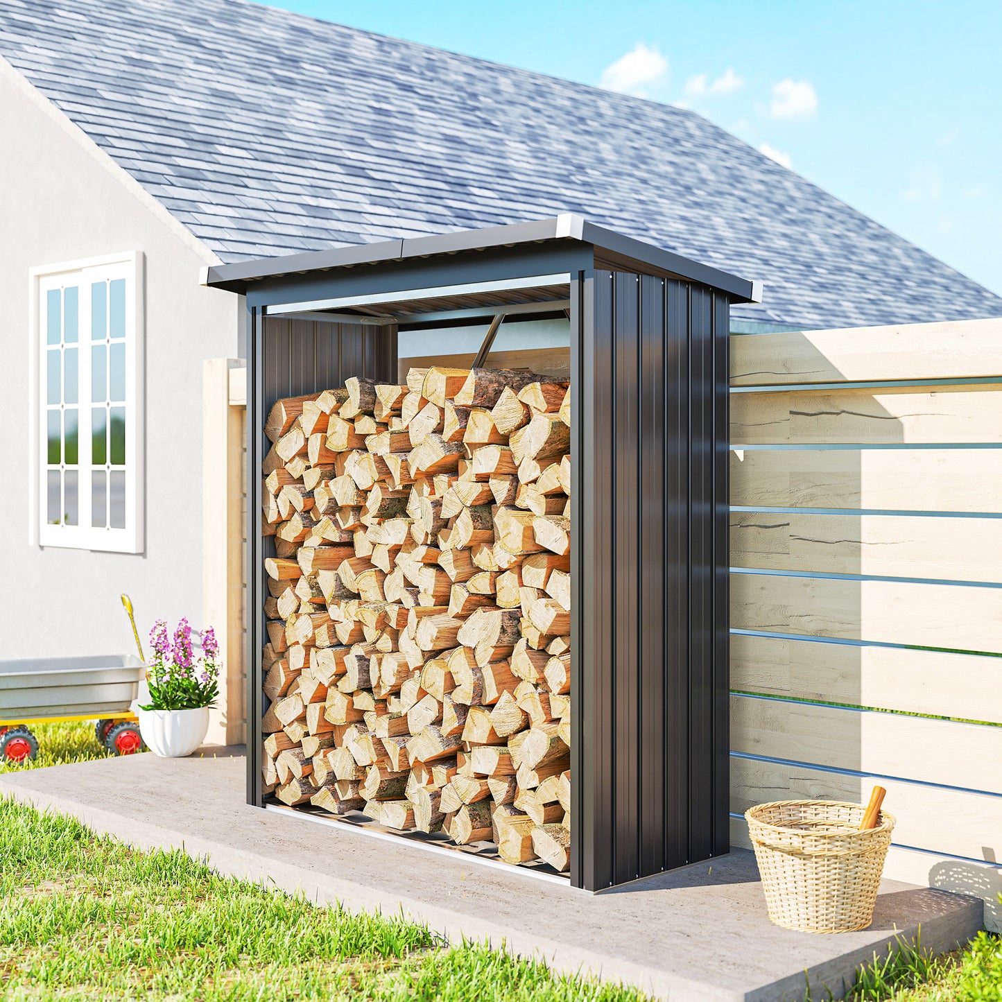 Outsunny Brennholzschuppen, Feuerholzunterstand, Stahl, erhöhter Boden, Schrägdach, 150 x 66,5 x 150 cm, Dunkelgrau
