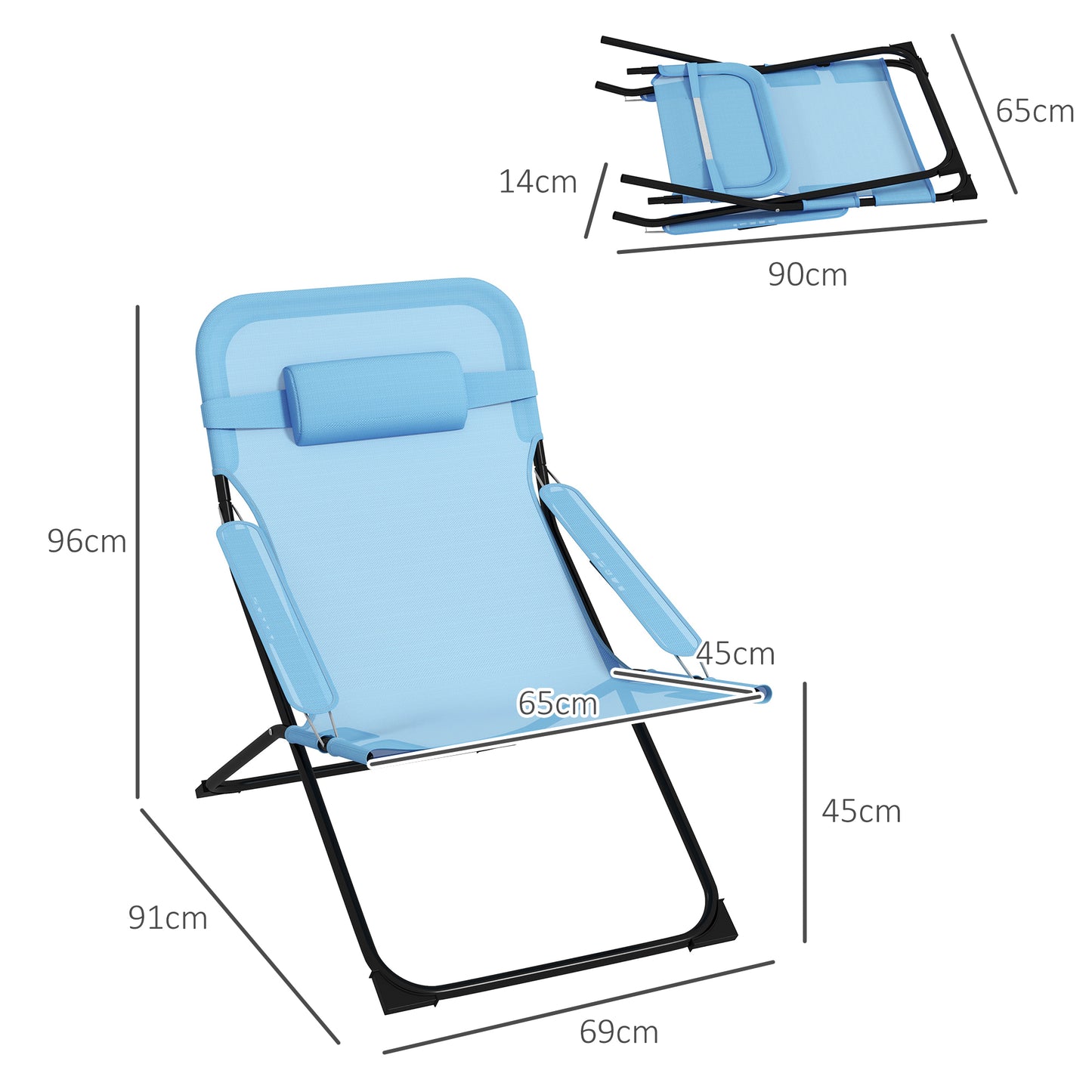 Outsunny Klappstuhl, 4-stufig verstellbar, atmungsaktiv, Metallgestell, 69 x 91 x 96 cm, Schwarz/Blau