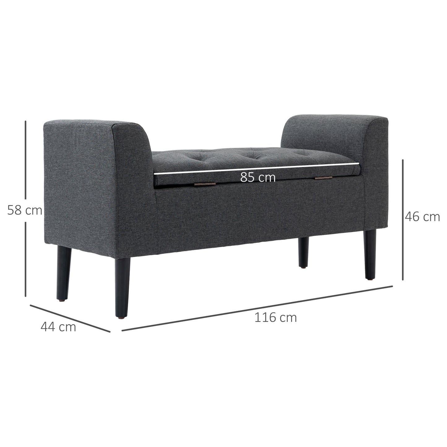 HOMCOM Sitzbank mit Stauraum، Polsterbank mit Leinenoptik، Holzbeine، Bettbank belastbar bis 130 كجم، für Wohnzimmer Schlafzimmer Flur، 116 × 44 × 58 سم Dunkelgrau