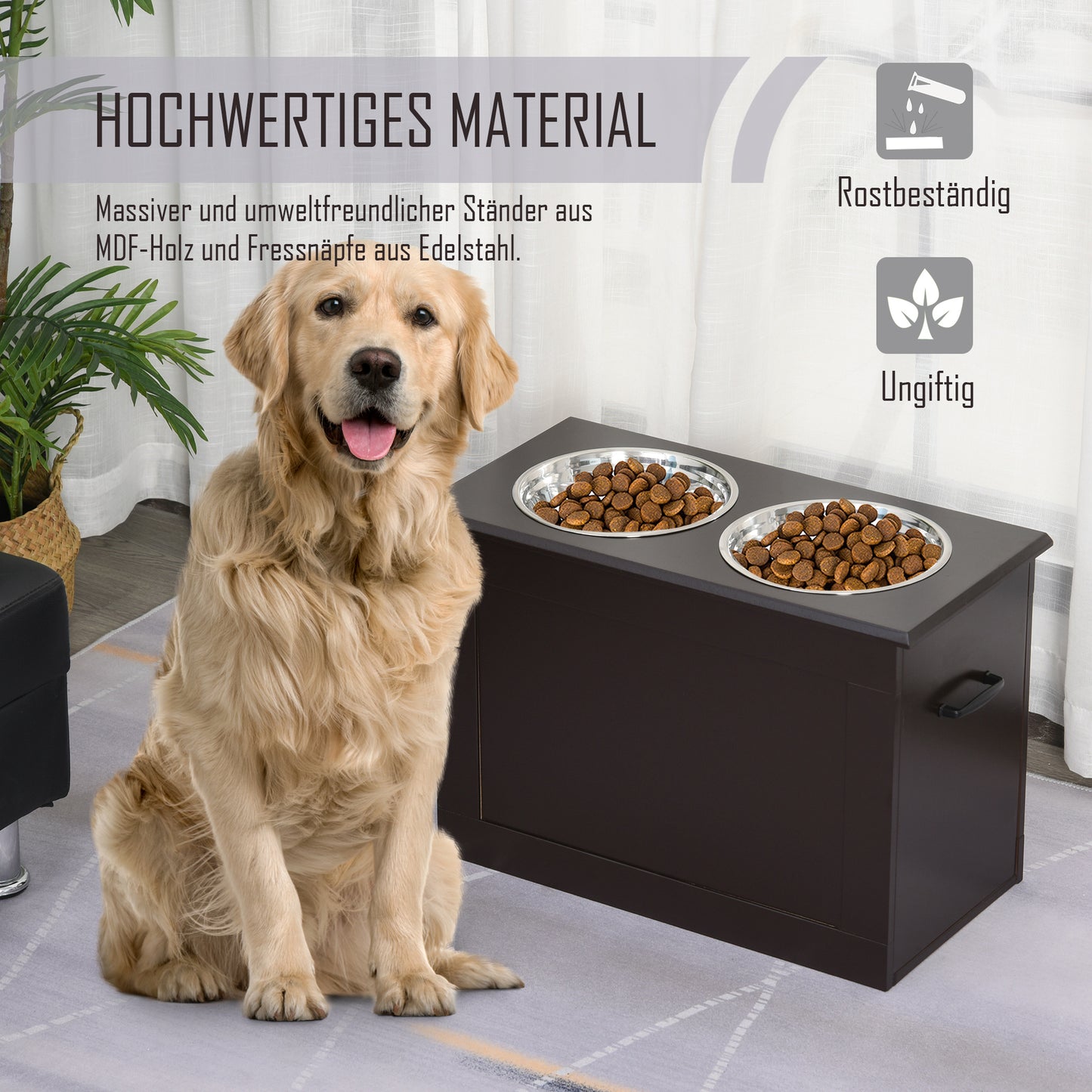PawHut Futterstation, 2 Fressnäpfe aus Edelstahl, versteckter Stauraum, 60 cm x 30 cm x 41 cm, Schwarz + Silber