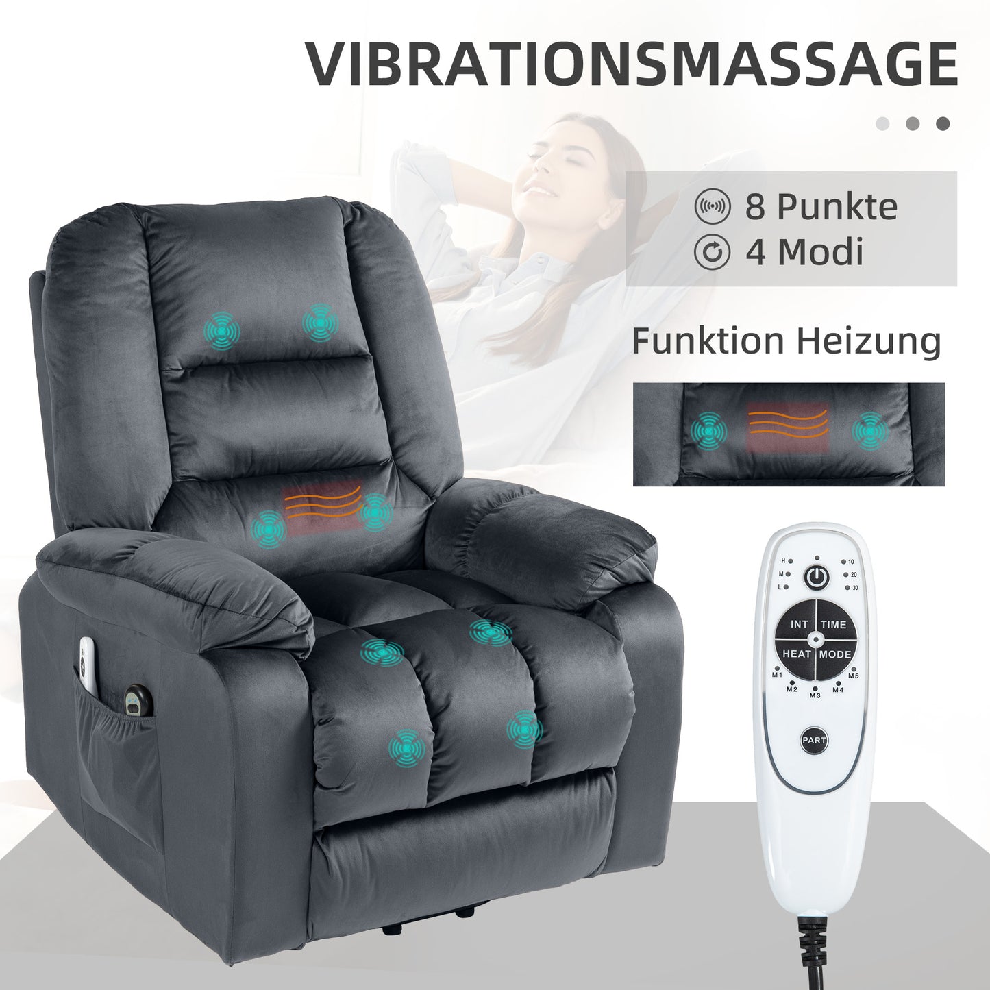 HOMCOM Massagesessel Aufstehhilfe Seniorensessel Relaxsessel, 8 Massagepunkte, 2 Seitentaschen, 85 cm x 94 cm x 107cm, Grau