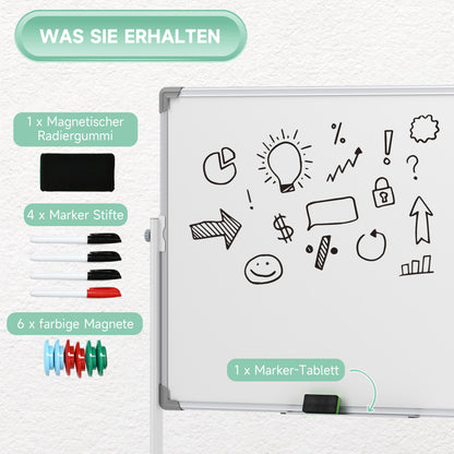 HOMCOM Whiteboard,120 x 90 cm, magnetisch, drehbar, mobil, inkl. Marker & Schwamm, Metallgestell, Weiß
