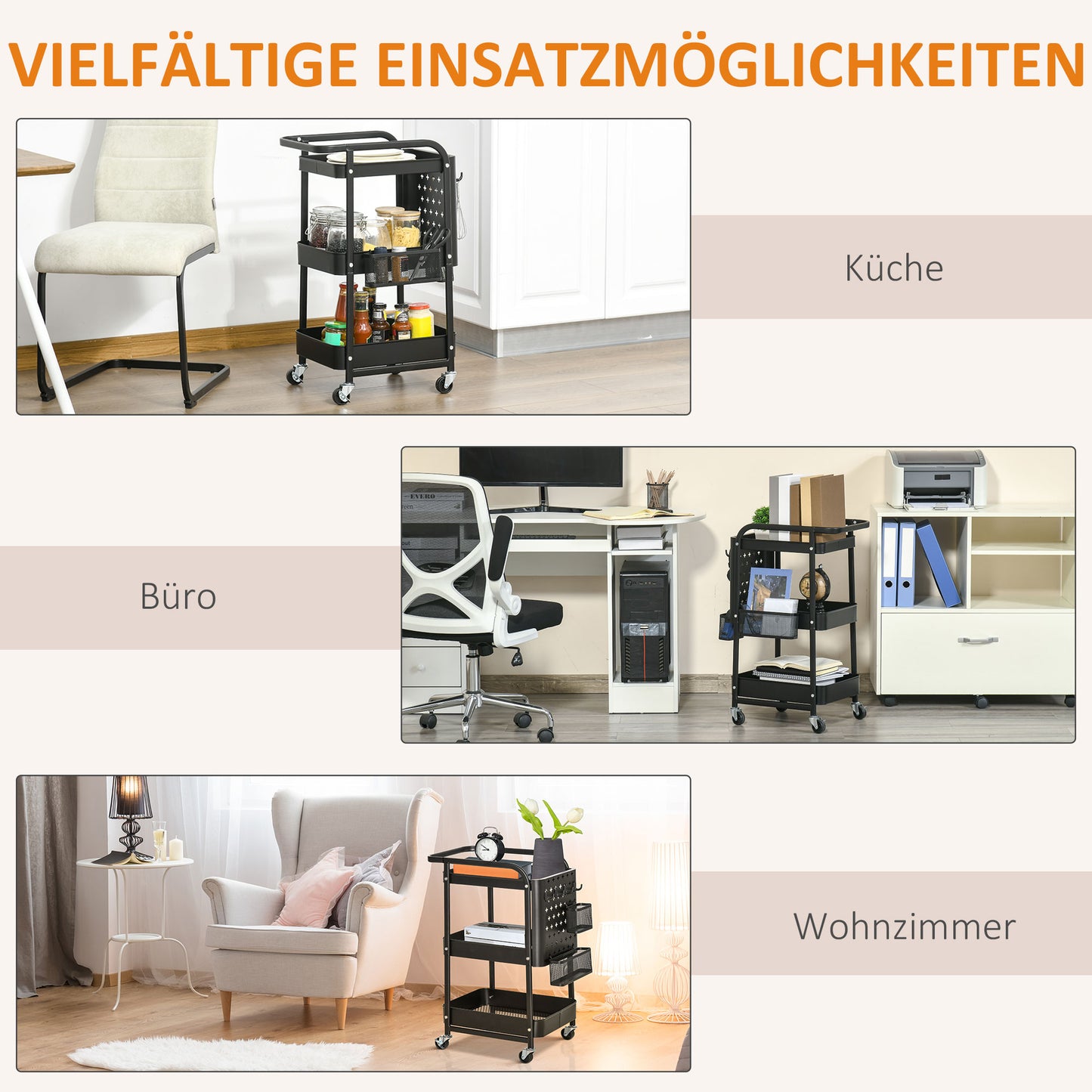HOMCOM Küchentrolley mit Lochtafel, Handtuchhalter, Aufbewahrungskörbe, Schwarz