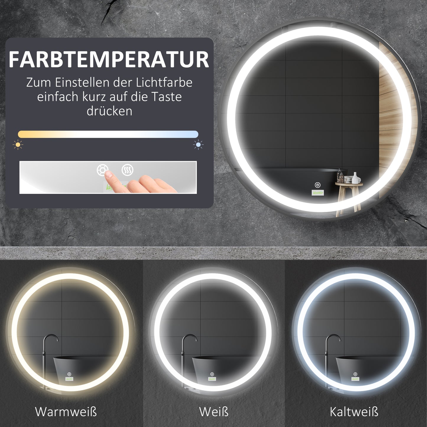 kleankin Badezimmerspiegel, LED-Beleuchtung, dimmbar, 3 Lichtfarben, Metallrahmen, Ø60 cm, Schwarz