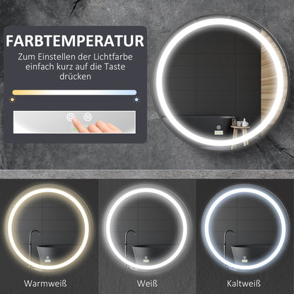 kleankin Badezimmerspiegel, LED-Beleuchtung, dimmbar, 3 Lichtfarben, Metallrahmen, Ø60 cm, Schwarz