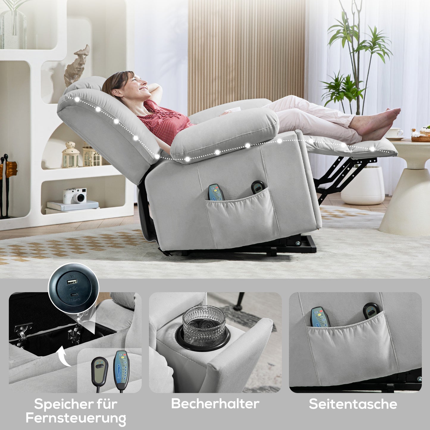 HOMCOM Elektrischer Aufsteh-Sessel, Weicher, samtartiger Stoff, USB-Anschlüsse