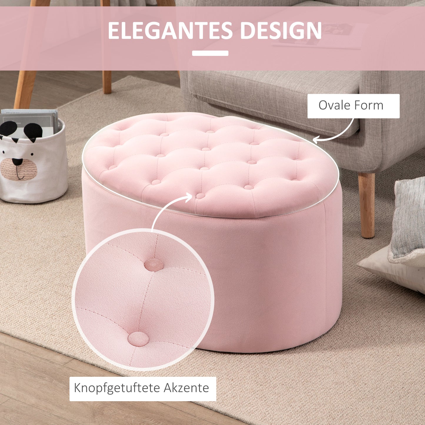 HOMCOM Sitzbank mit Stauraum Polsterbank mit Samtoptik، Sitztruhe Ovale Form، Truhenbank für Wohnzimmer Schlafzimmer Flur 71 × 52 × 42 سم، روزا