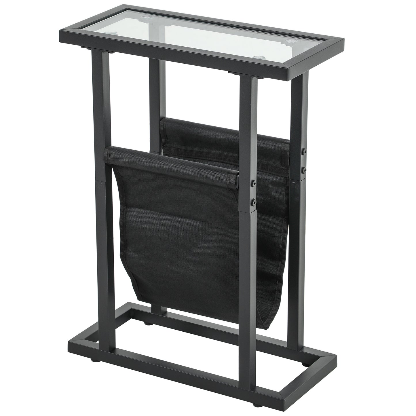 HOMCOM Beistelltisch aus Metall mit Stofftasche und Glasplatte, schmaler Tisch für Wohnzimmer, Schlafzimmer, Schwarz