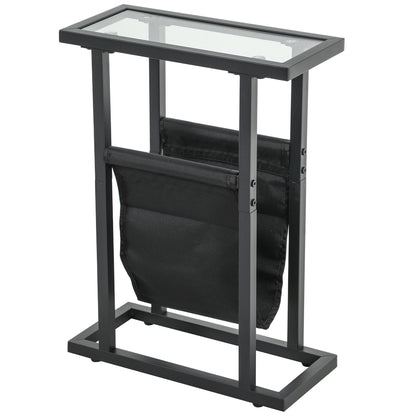 HOMCOM Beistelltisch aus Metall mit Stofftasche und Glasplatte, schmaler Tisch für Wohnzimmer, Schlafzimmer, Schwarz