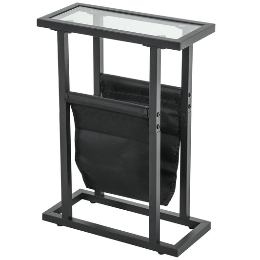 HOMCOM Beistelltisch aus Metall mit Stofftasche und Glasplatte, schmaler Tisch für Wohnzimmer, Schlafzimmer, Schwarz