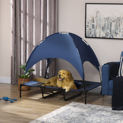 PawHut Outdoor-Hundeschlafplatz Wetterfestes Hundebett, mit Baldachin, klappbar, 122 x 92 x 108 cm, Blau + Schwarz