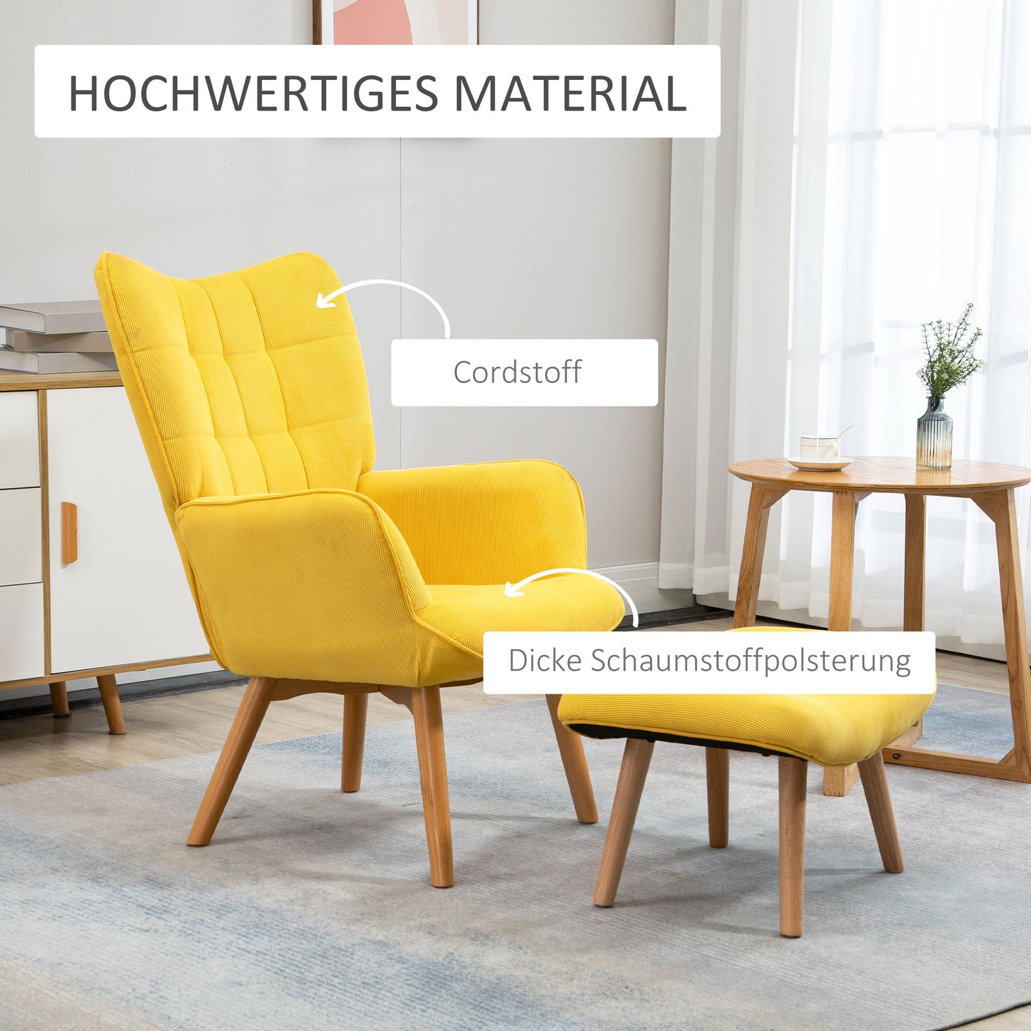 HOMCOM Akzentsessel mit Hocker, Relaxsessel in Cord-Optik, Armlehnstuhl mit Holzbeinen, für Wohnzimmer, Gelb