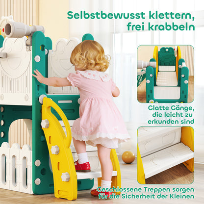 AIYAPLAY 7-in-1 Rutschenset für Kleinkinder, Basketballkorb, Froschdesign, Klettergerüst, Schaukelsitz, für drinnen und draußen, Gelb+Grün