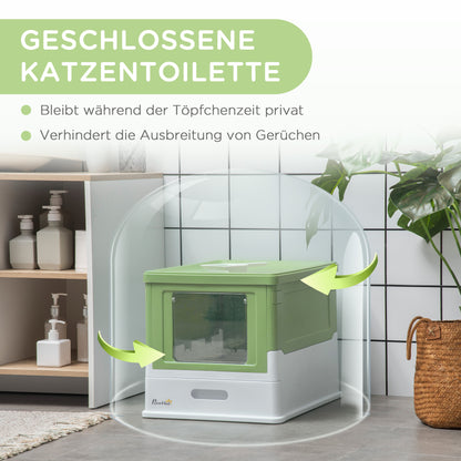 PawHut Katzentoilette, klappbar, 2 Türen, Streuschaufel, 47,5x35,5x36,7cm, Weiß/Grün