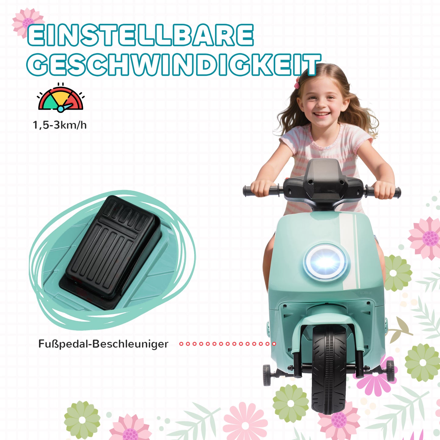 AIYAPLAY 6V Elektro-Motorrad für Kinder, mit Scheinwerfer und Musik, Vor- och Rückwärtsgang, Trainingsräder, 18-36 Monate, Grün