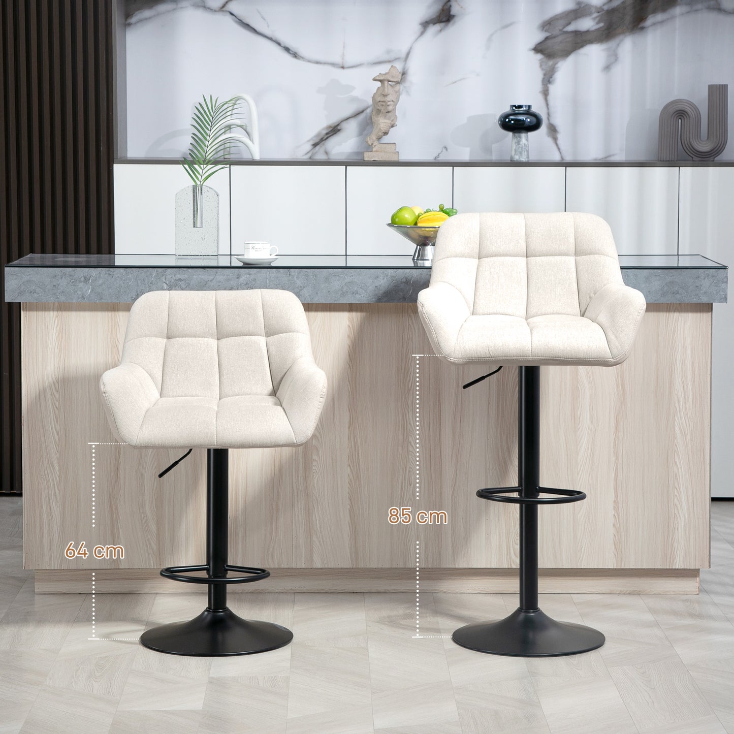 HOMCOM Barhocker 2er-Set Retro-Design höhenverstellbar Kunstleder Leinenoptik Creme + Schwarz