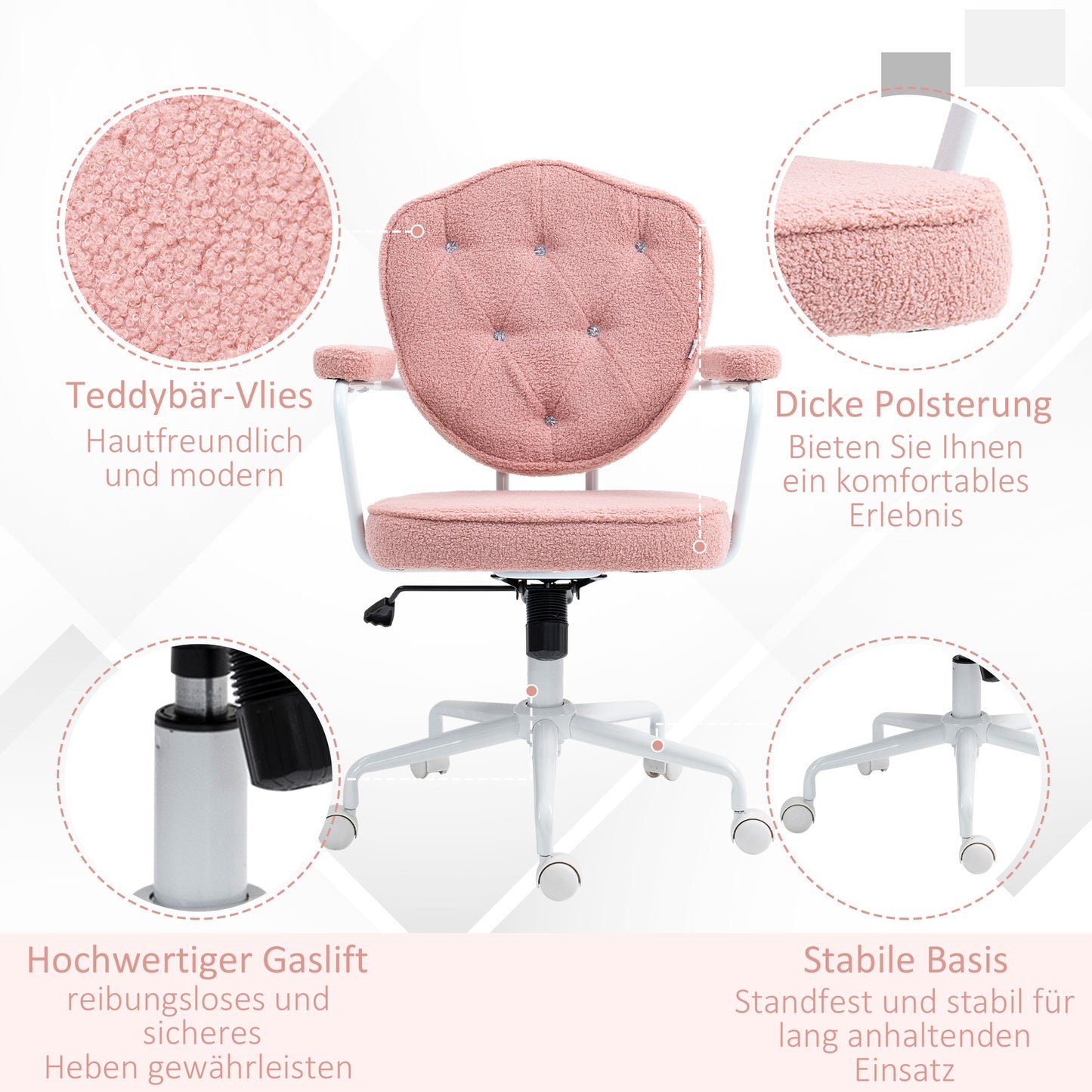 HOMCOM Schöner Bürostuhl mit geknöpftem, weichem Bezug, höhenverstellbar, Rosa