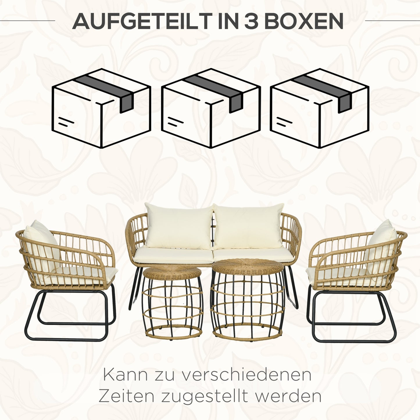 Outsunny Rattansitzgruppe Lounge-Set Outdoor-Sitzgruppe, Boho-Stil, 5-teilges Set, 145 x 70 x 78 cm, Creme + Natur + Schwarz