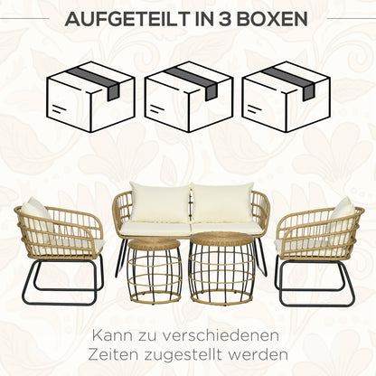 Outsunny Rattansitzgruppe Lounge-Set Outdoor-Sitzgruppe, Boho-Stil, 5-teilges Set, 145 x 70 x 78 cm, Creme + Natur + Schwarz