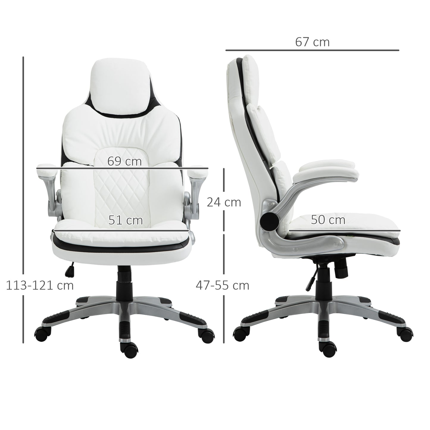 Vinsetto Ergonomischer Bürostuhl med klappbara Armlehnen, Höhenverstellbarer Schreibtischstuhl med Wippfunktion, dick gepolsterter Stuhl med verstellbar gepolsterte Armlehne 69 x 67 x 113-121 cm