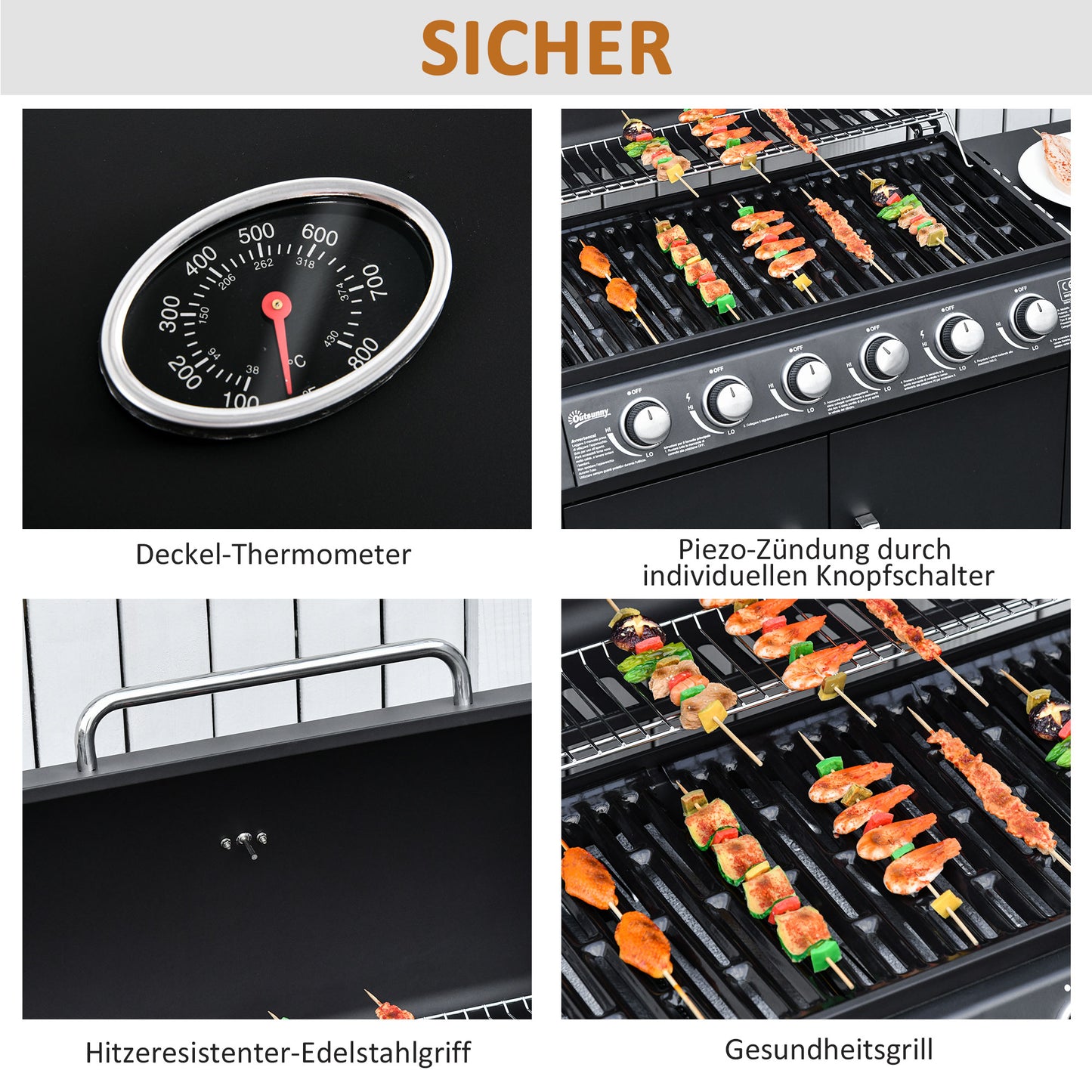 Outsunny Gasgrill mit 7 Brennern, inkl. Thermometer, BBQ -Grill, mobiler Grill, Schwarz