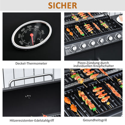 Outsunny Gasgrill mit 7 Brennern, inkl. Thermometer, BBQ -Grill, mobiler Grill, Schwarz