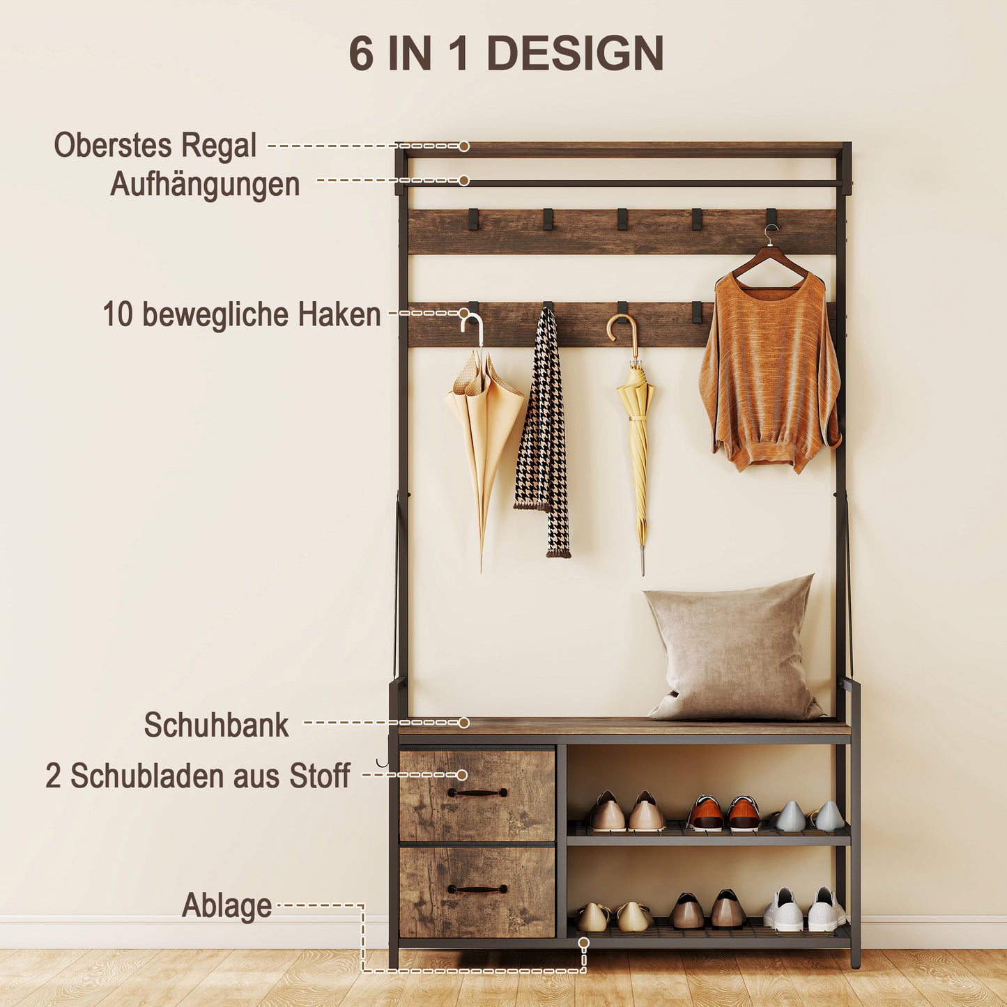 HOMCOM 6-in-1 Garderobenständer mit Sitzbank und Schuhregal, Industrie-Stil, 10 Haken, 2 Stoffschubladen, Metall, Braun