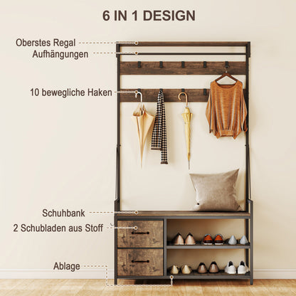 HOMCOM 6-in-1 Garderobenständer mit Sitzbank und Schuhregal, Industrie-Stil, 10 Haken, 2 Stoffschubladen, Metall, Braun